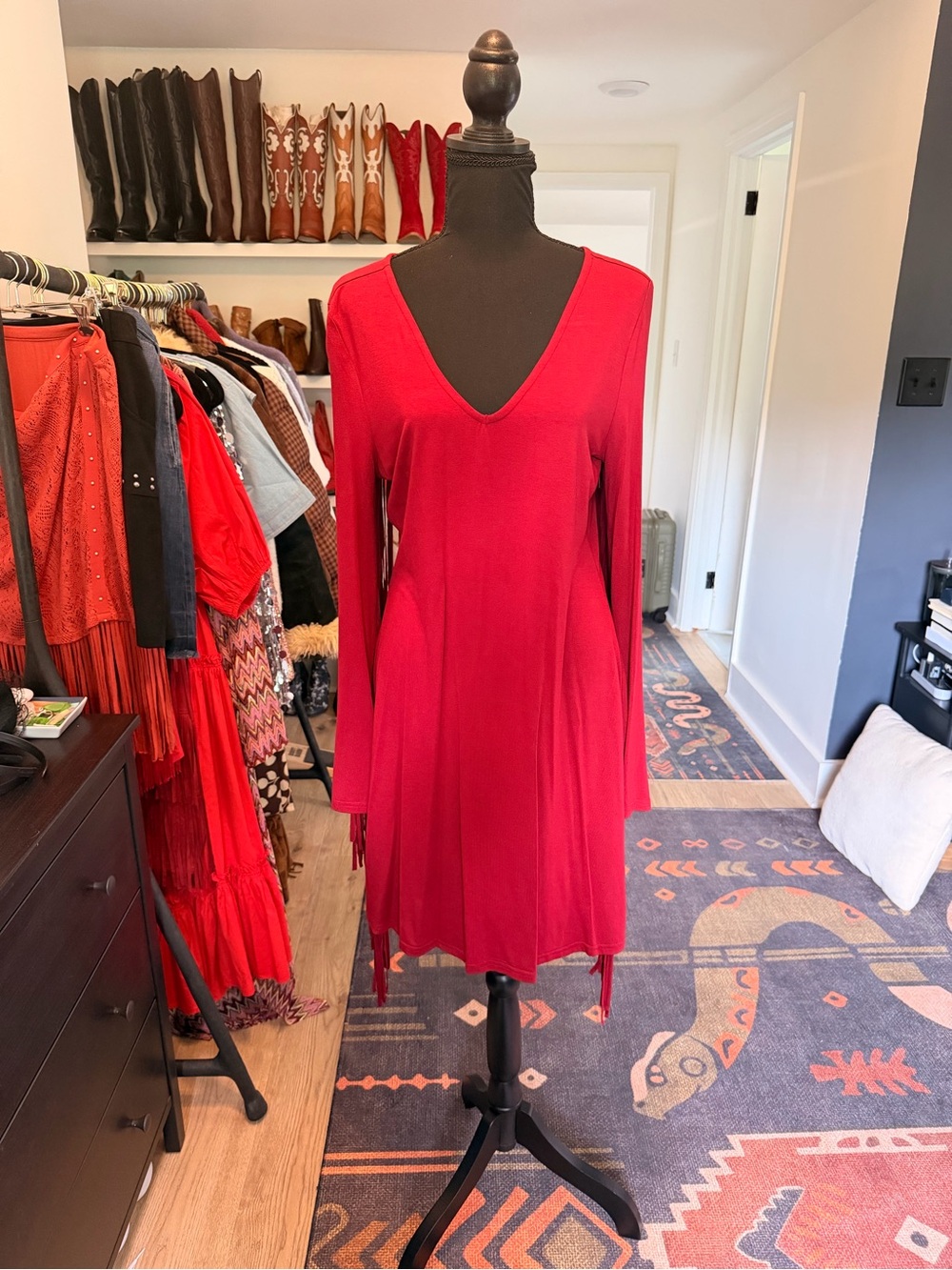 Idyllwind Red V-Neck Fringed Long Sleeve Mini Dress